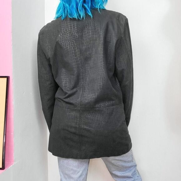 Vintage 80s Bermans Black Reptile Print Suede Leather Blazer Jacket - Picture 3 of 8